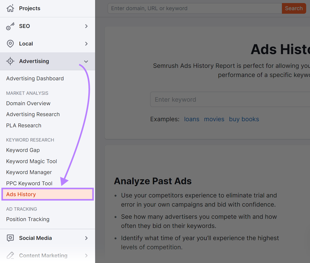 Navigating to "Ads History" in Semrush sidebar