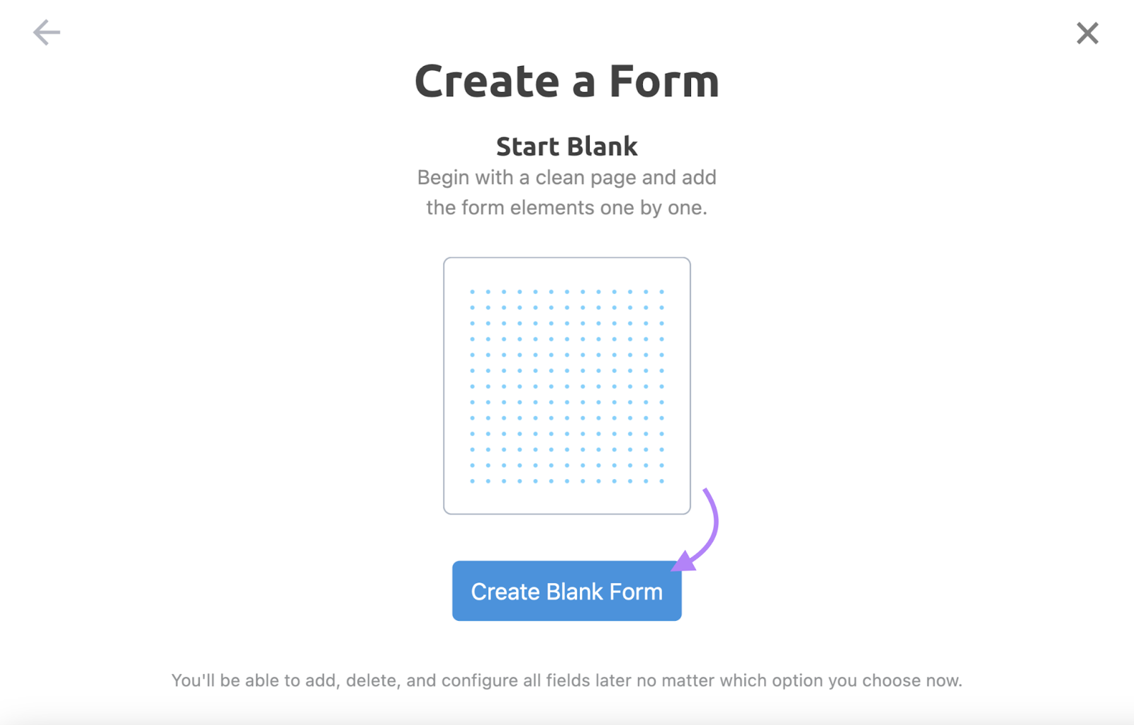 "Create Blank Form" button in Lead Generation Forms app