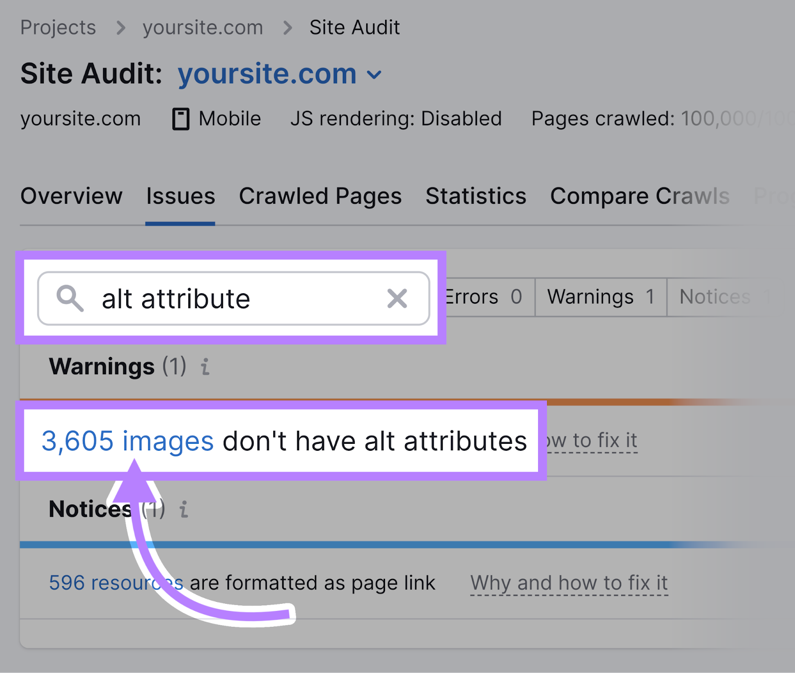 A search for "alt attribute" within Semrush's Site Audit. There's an arrow to a "3,605 images don't have alt attributes" warning.