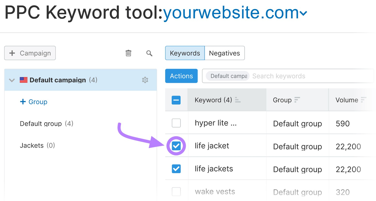 Checkbox selected next to 'life jacket' and 'life jackets' keywords in Semrush PPC Keyword Tool