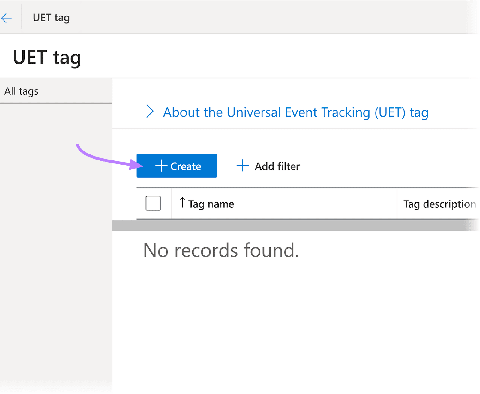 "+ Create" button highlighted in UET tag section of Microsoft Ads