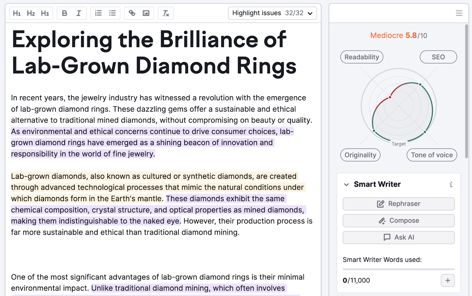 An article about diamond rings in the SEO Writing Assistant. On the right, there is a radar chart and a section called "Smart Writer."