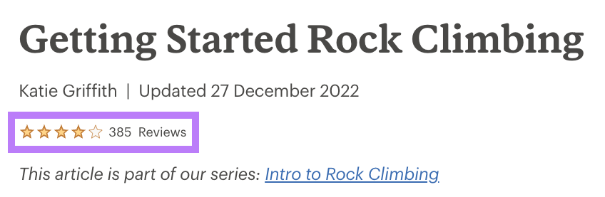 Reviews section highlighted under "Getting Started Rock Climbing" title section