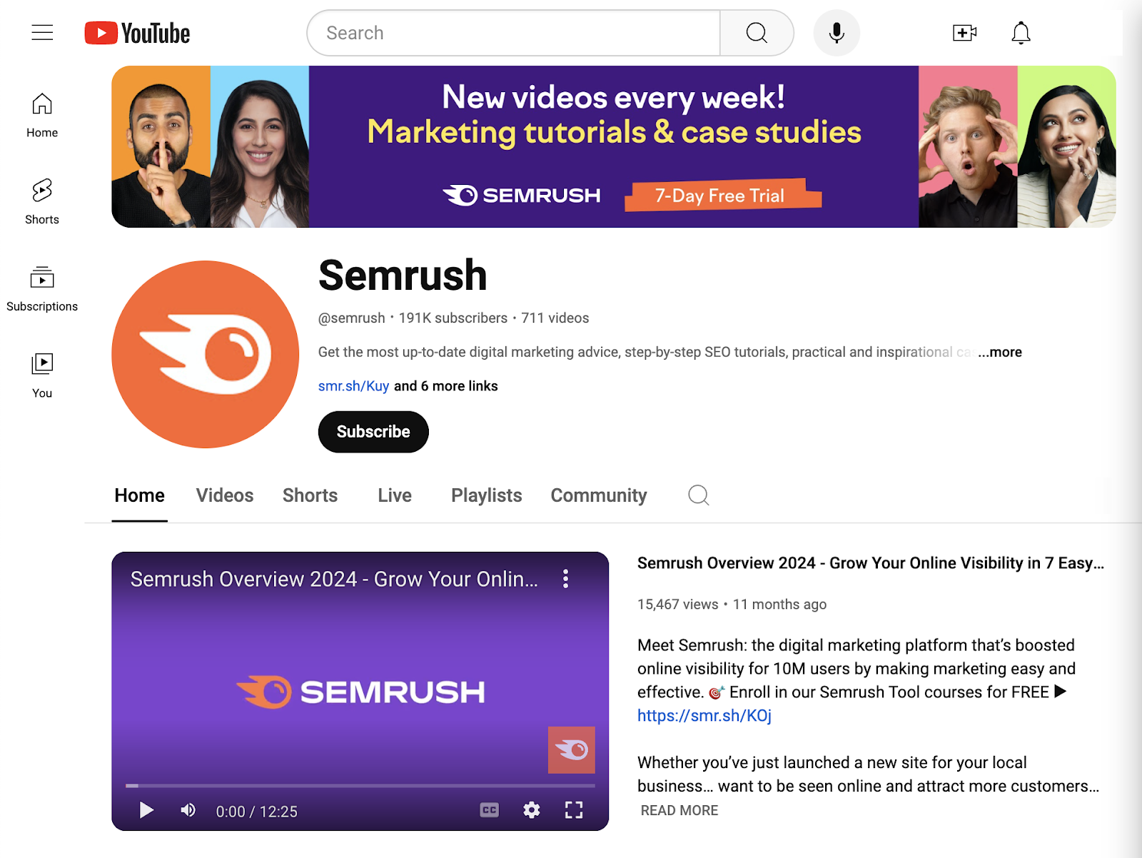 Semrush's YouTube channel home page has a branded banner, profile picture, trailer video, and more