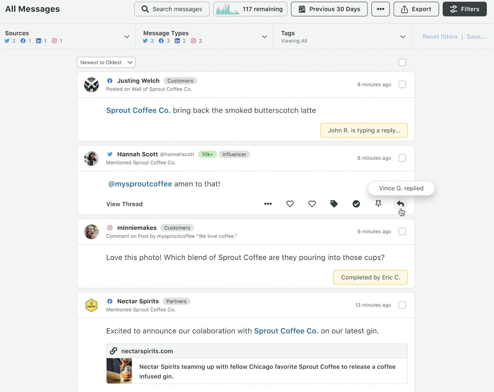 A section of "All Messages" page in Sprout Social tool
