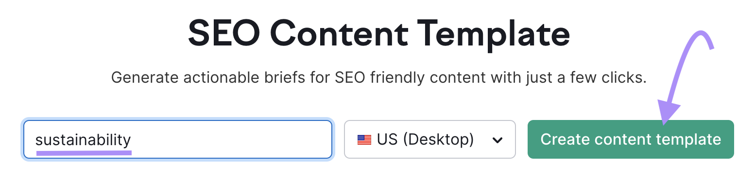 "sustainability" entered into the SEO Content Template search bar