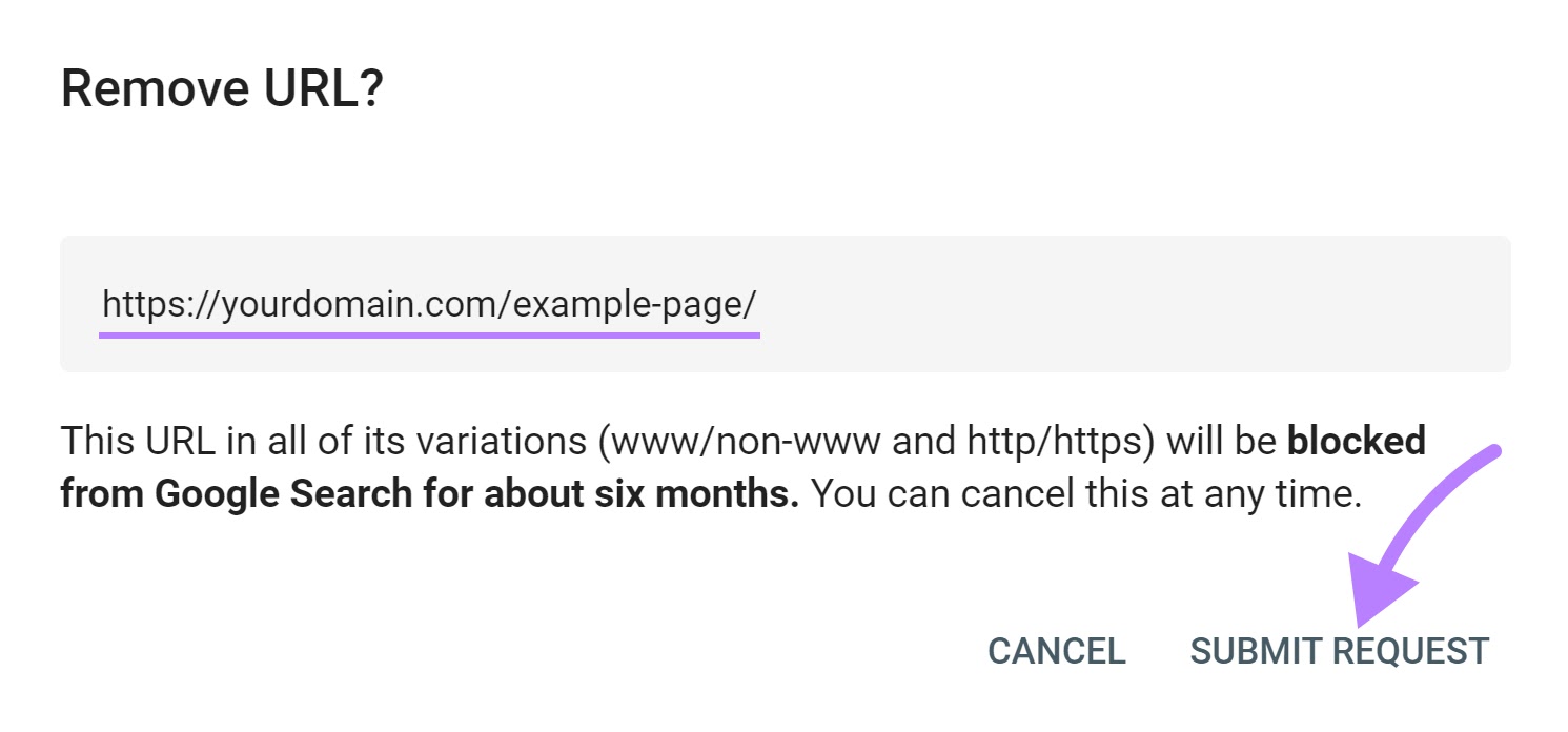 “Submit Request" selected under "Remove URL?" section