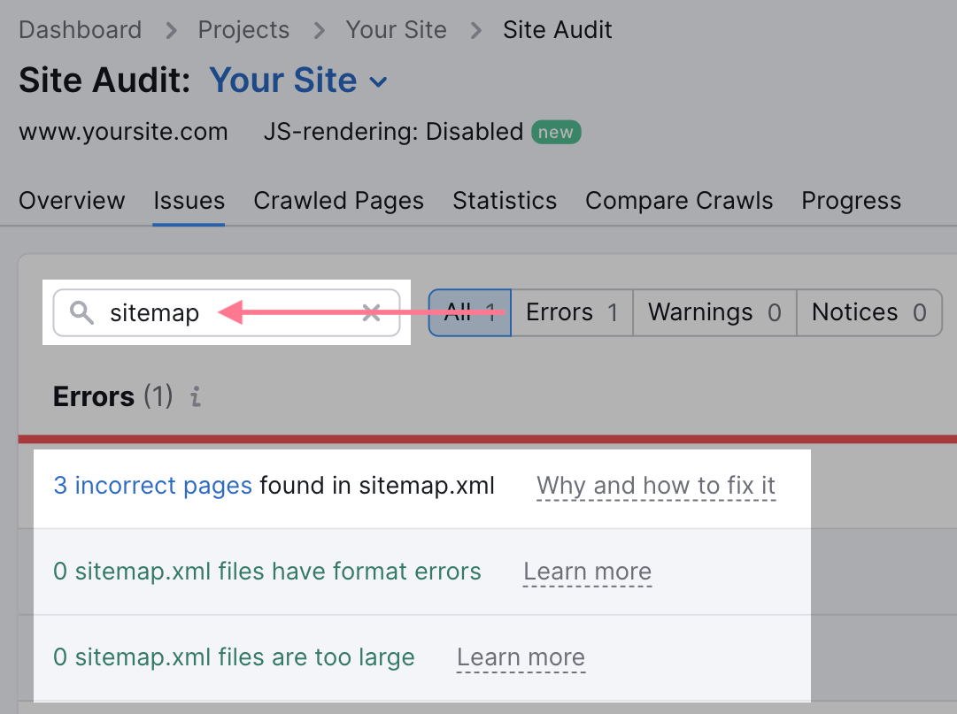 list of issues related to your sitemap.xml file