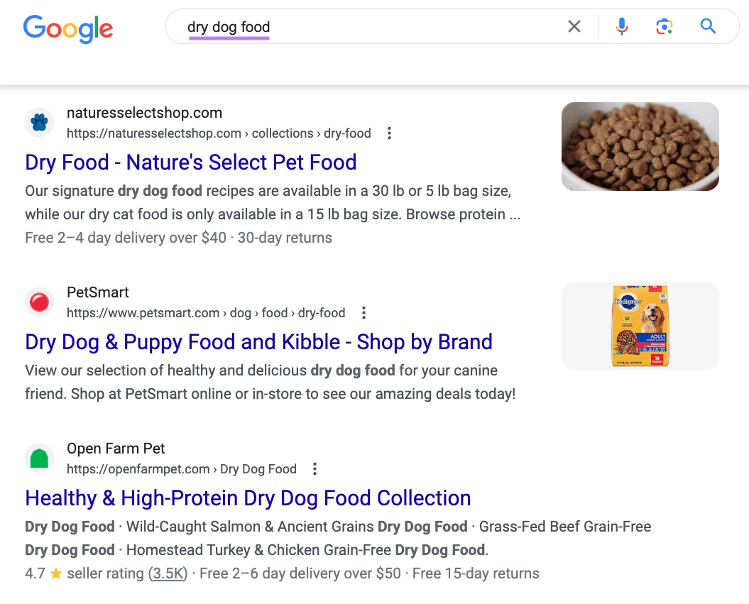 Google's SERP for "dry  food"