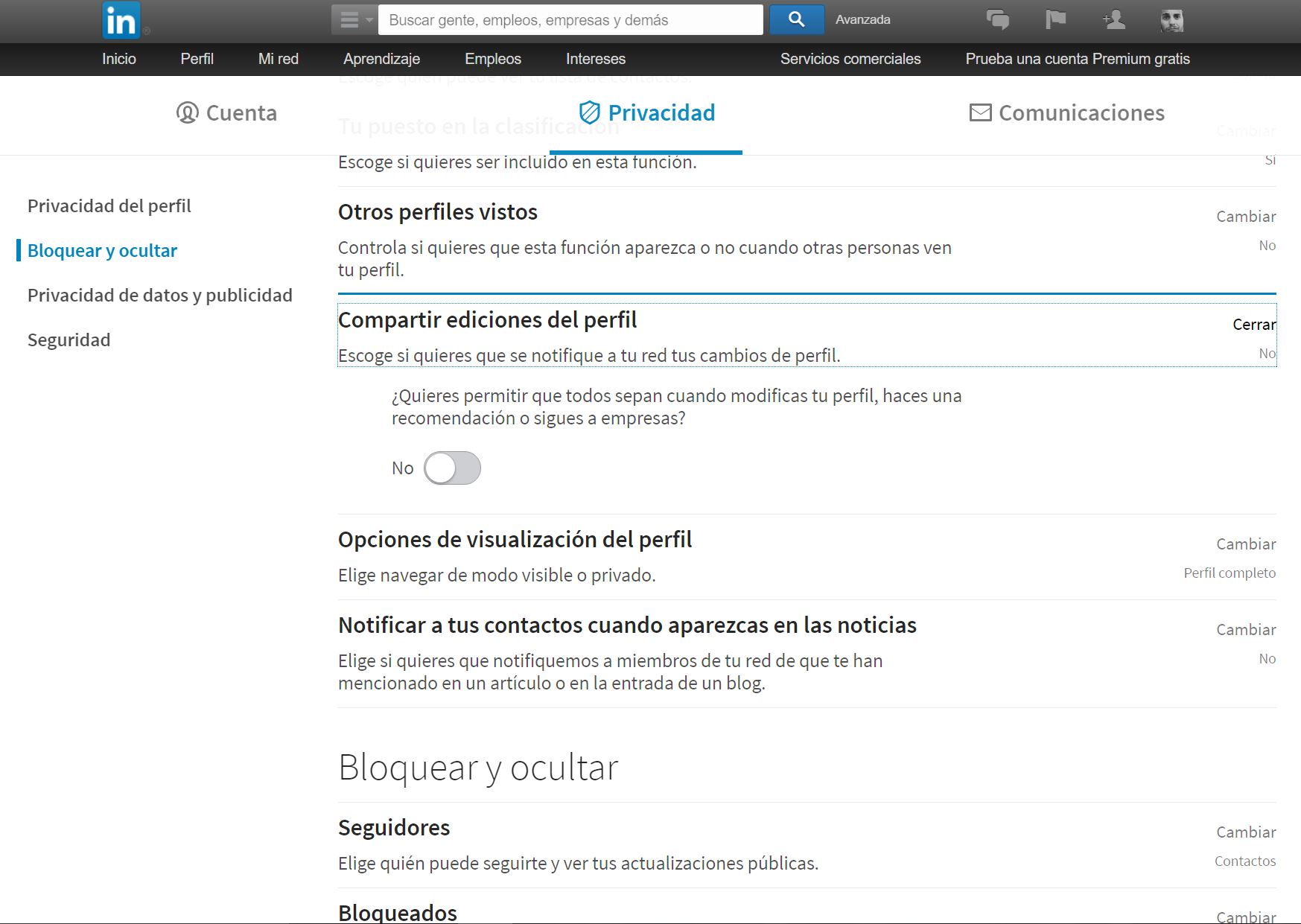 preferencias perfil linkedin