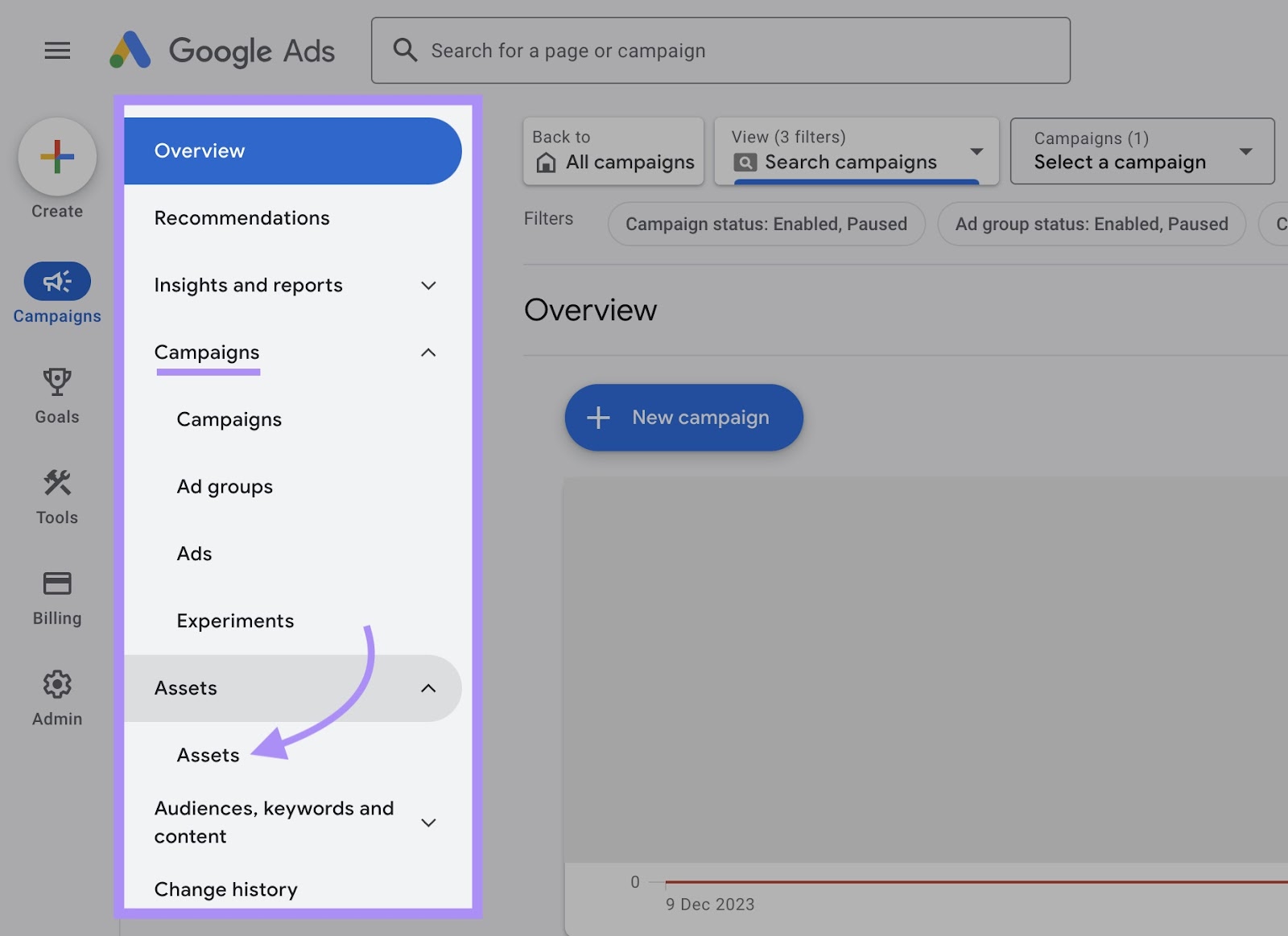 Navigating to “Assets" in Google Ads admin menu