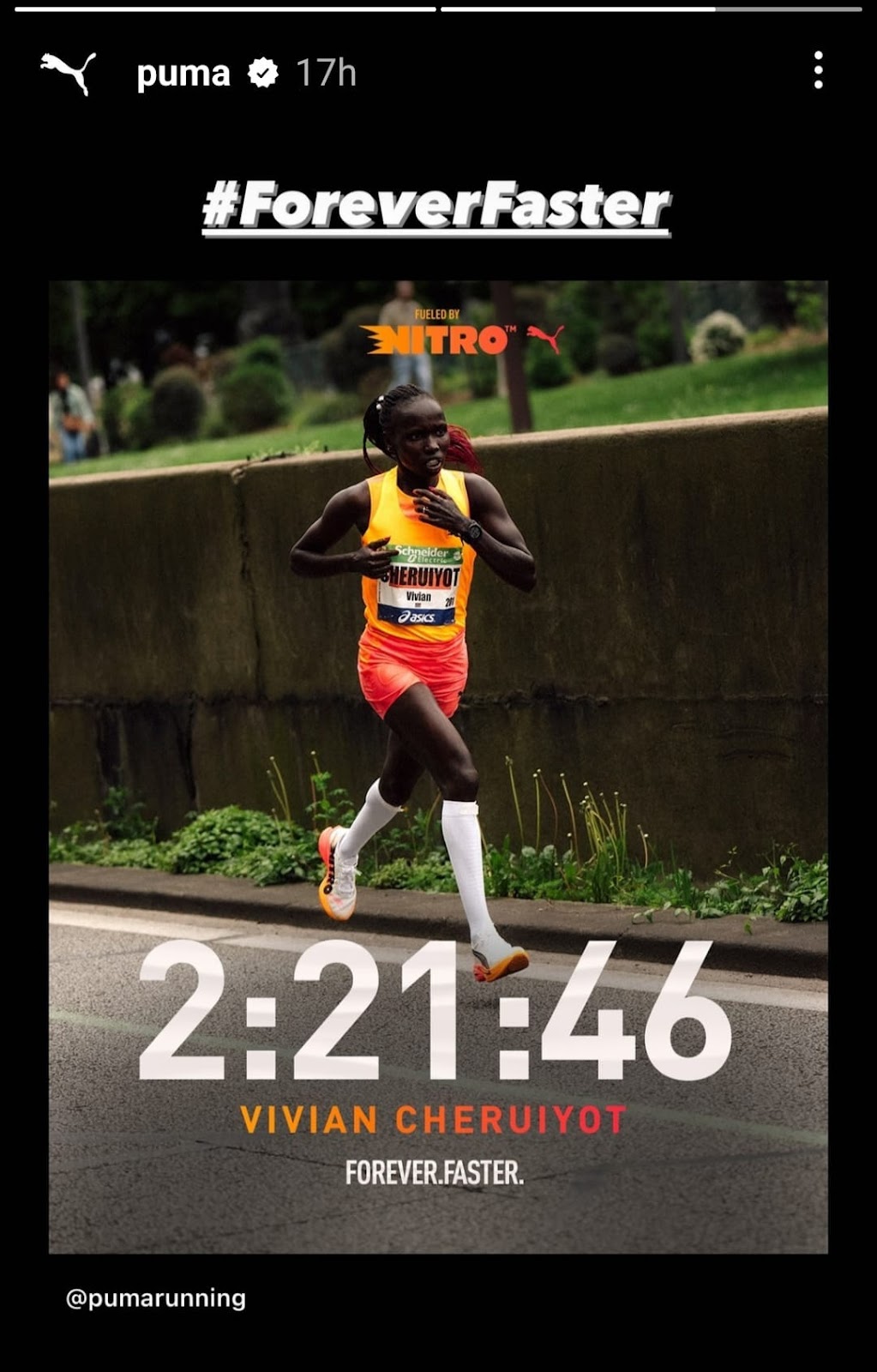 Puma instagram story of runner Vivian Cheruiyot's running time