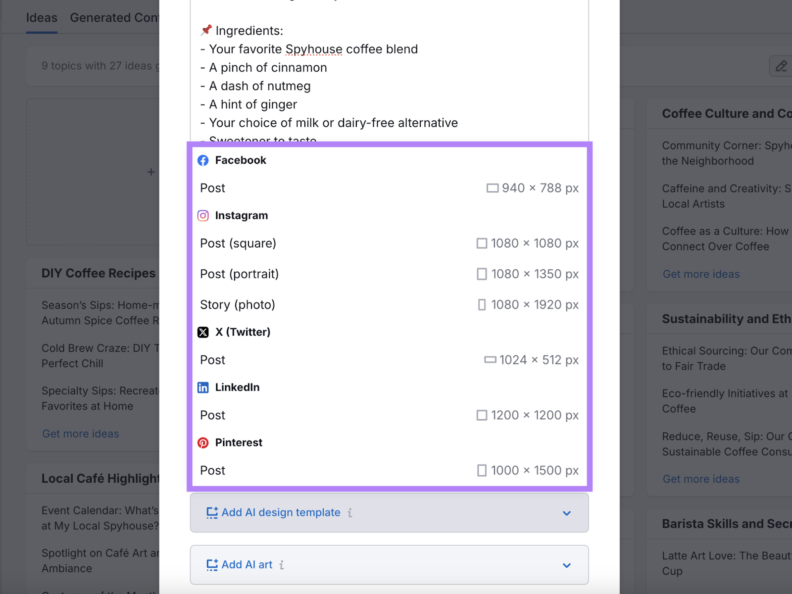 AI plan  template paper   shows station  sizes for facebook, instagram, x, linkedin, and pinterest