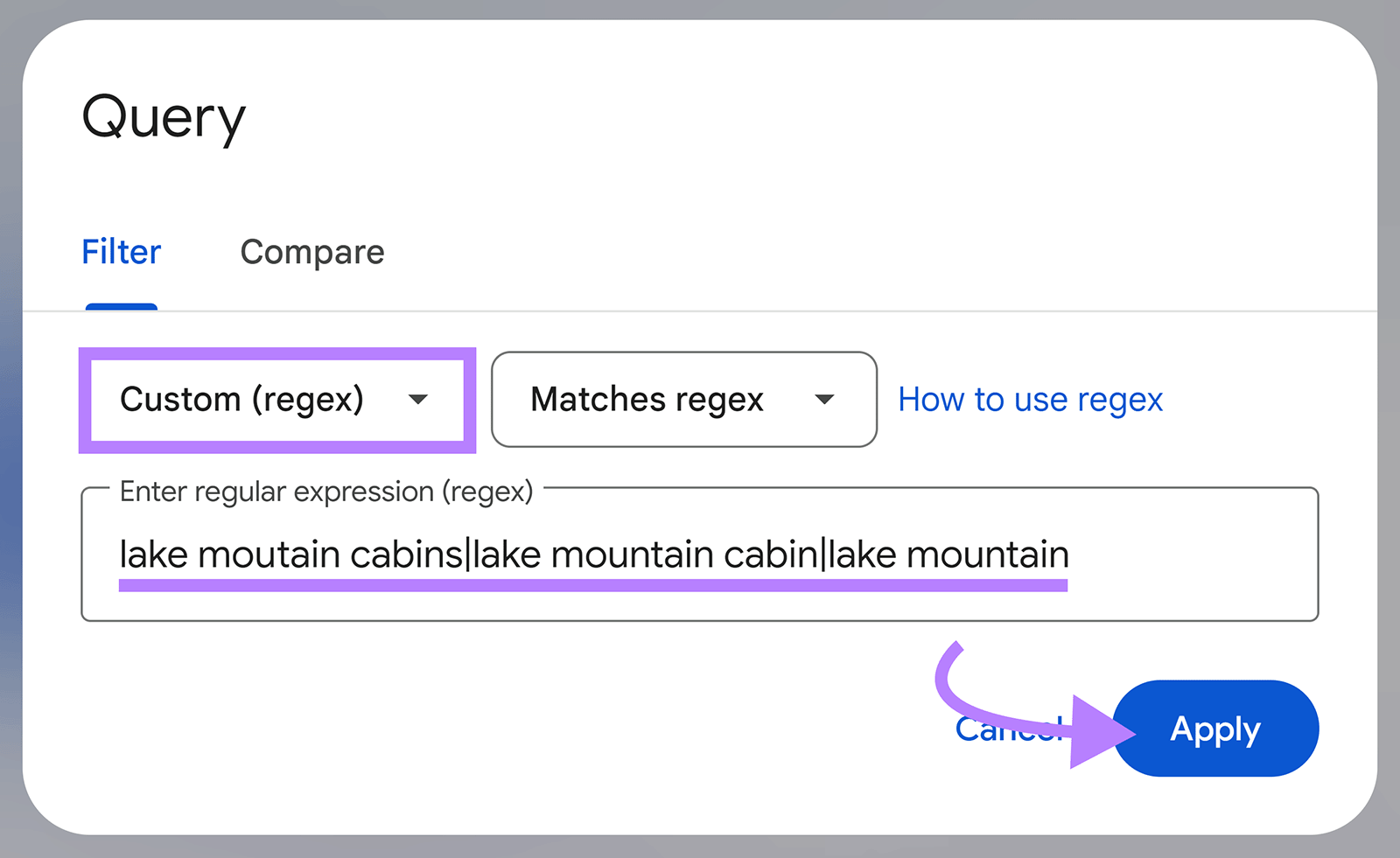 Query configuration popup with Filter set to Custom regex, expression entered, and arrow pointing to Apply button