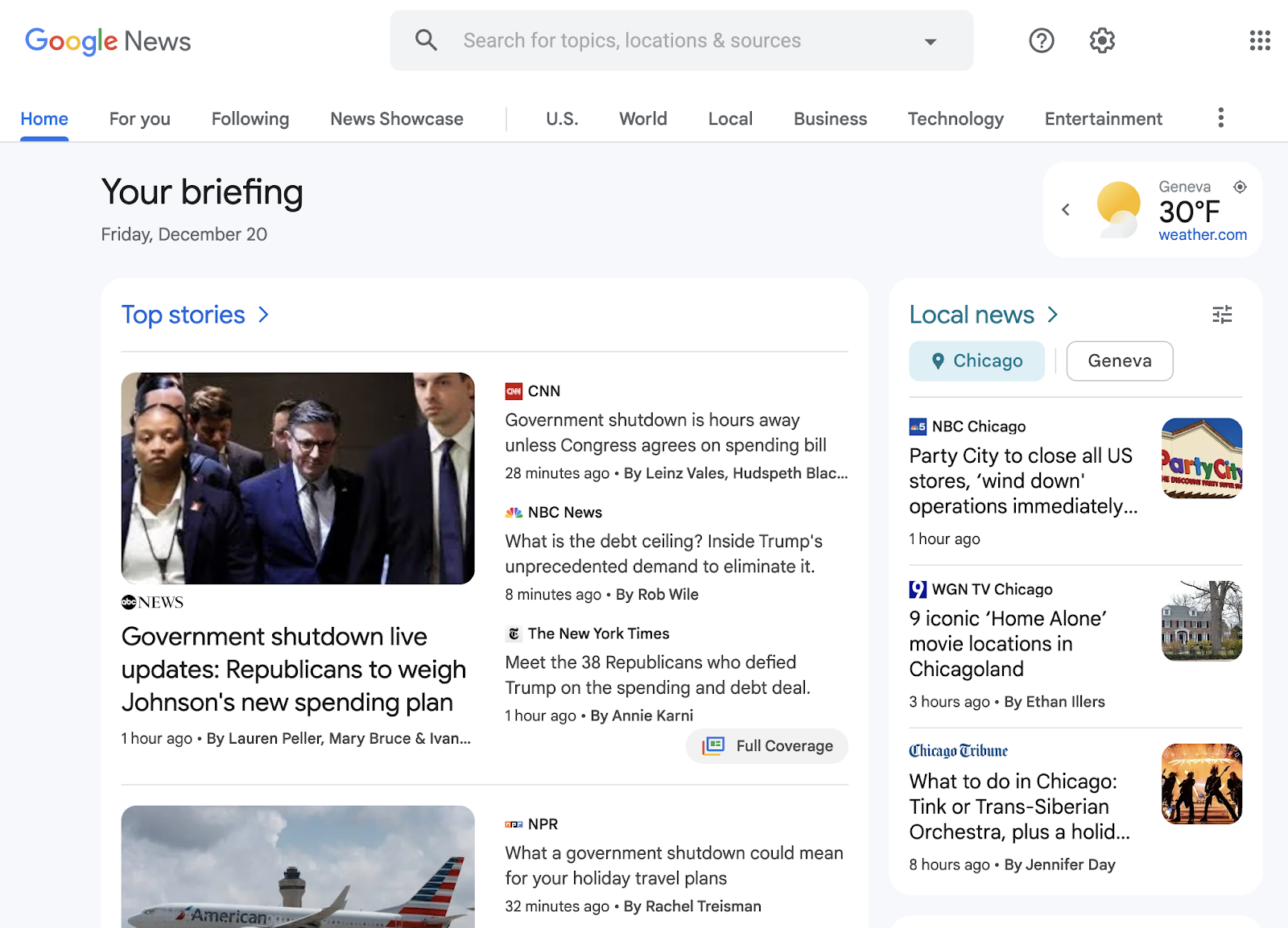 Google News page shows apical stories, conception news, nan weather, and more.