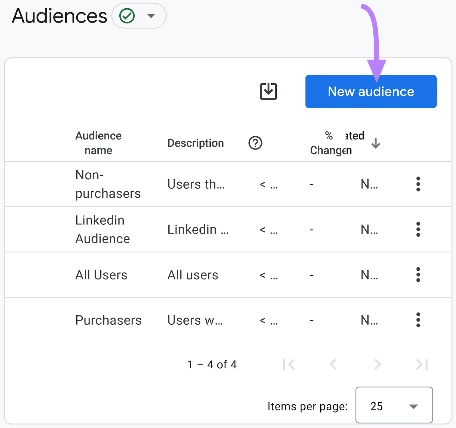 “New audience” button selected in the top right corner