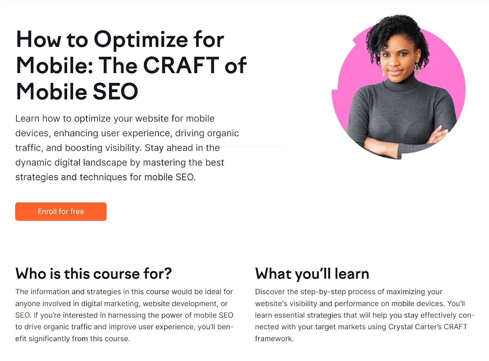 "How to Optimize Mobile: The CRAFT of Mobile SEO" course landing page