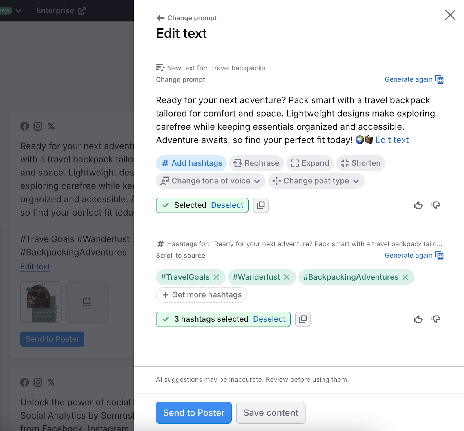 draft of a social post in the tool shows AI-generated text, hashtags, and image