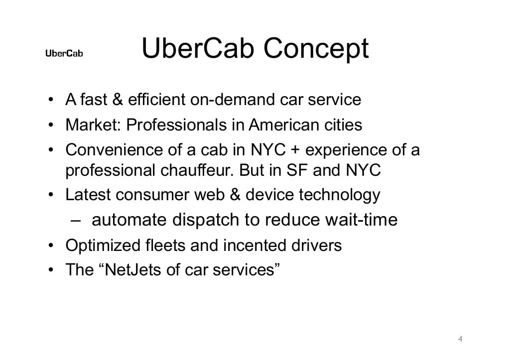 Pitch deck slide explaining UberCab concept.