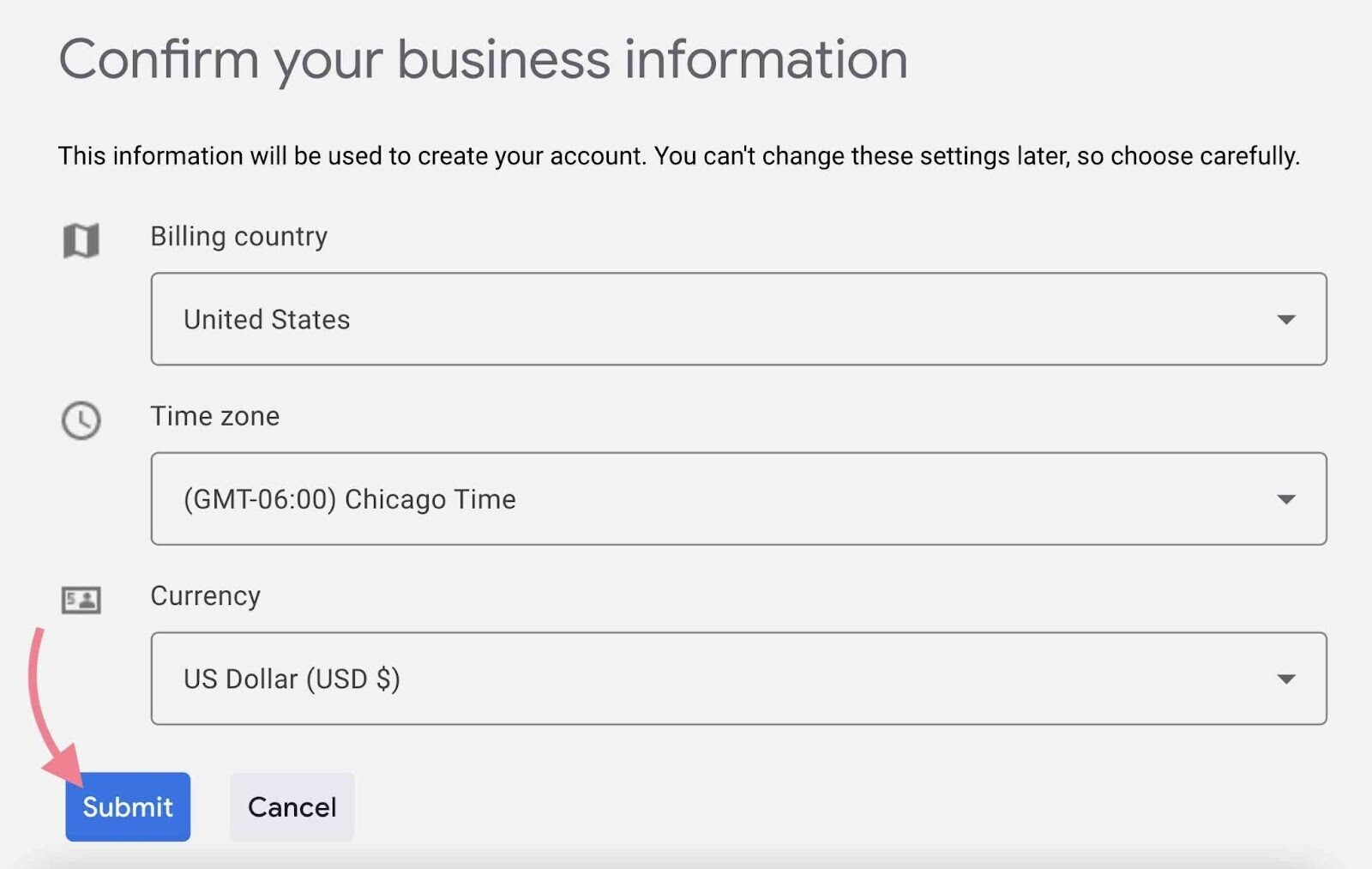 Confirm your business information page