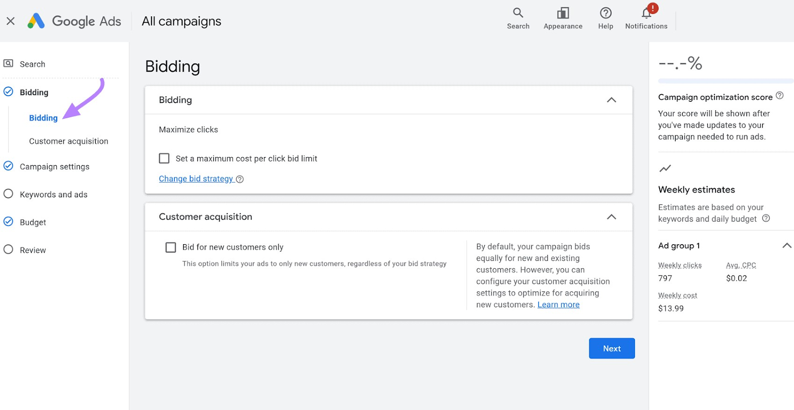 Página "Pujar" en Google Ads