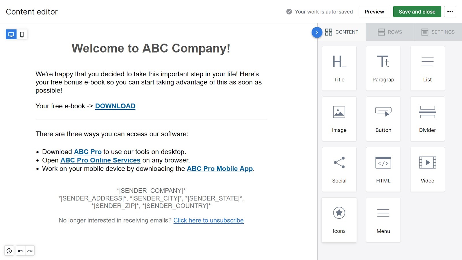 "Editor de contenidos" en Pipedrive