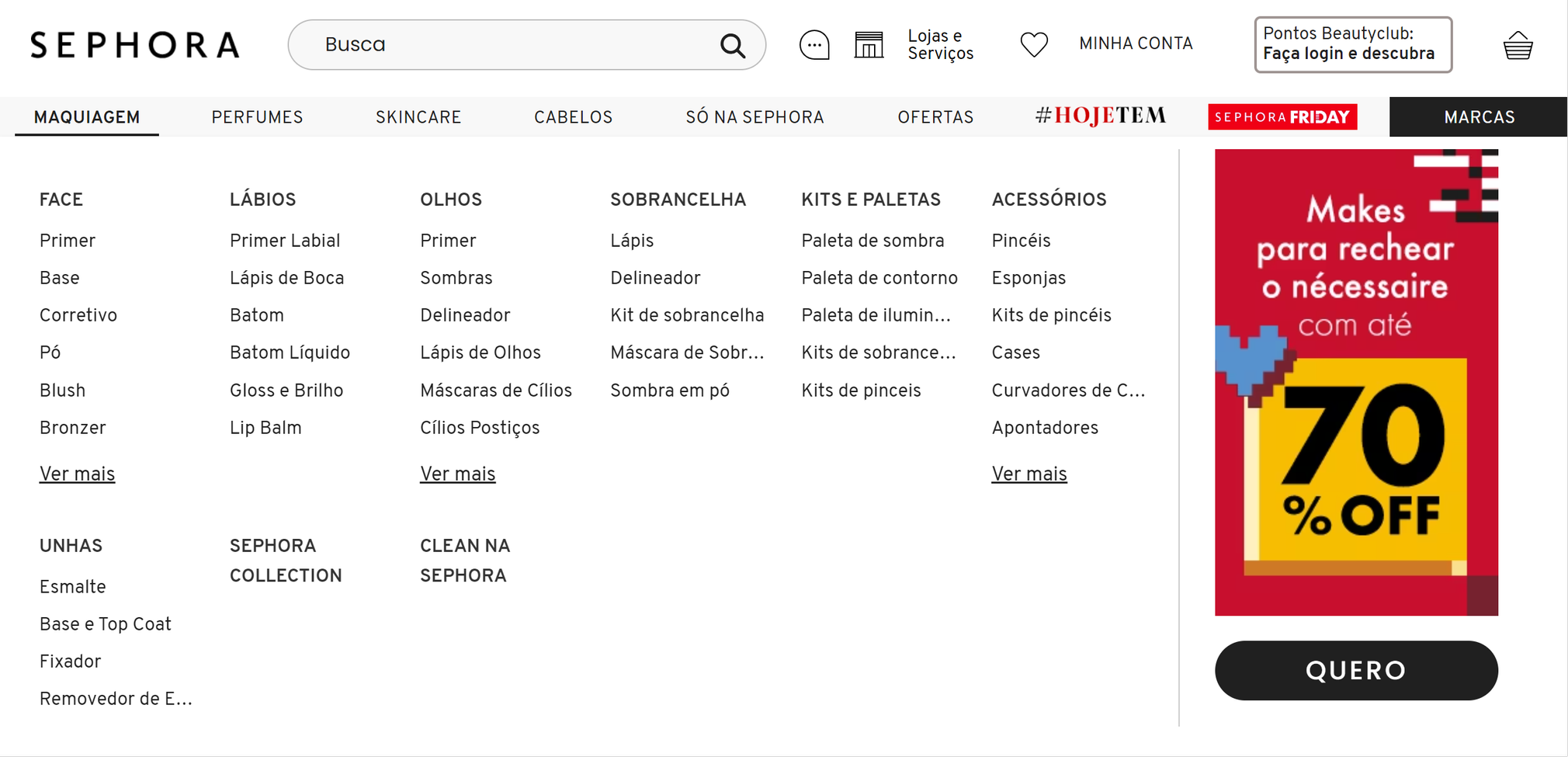 Menu de navegação do site da marca Sephora