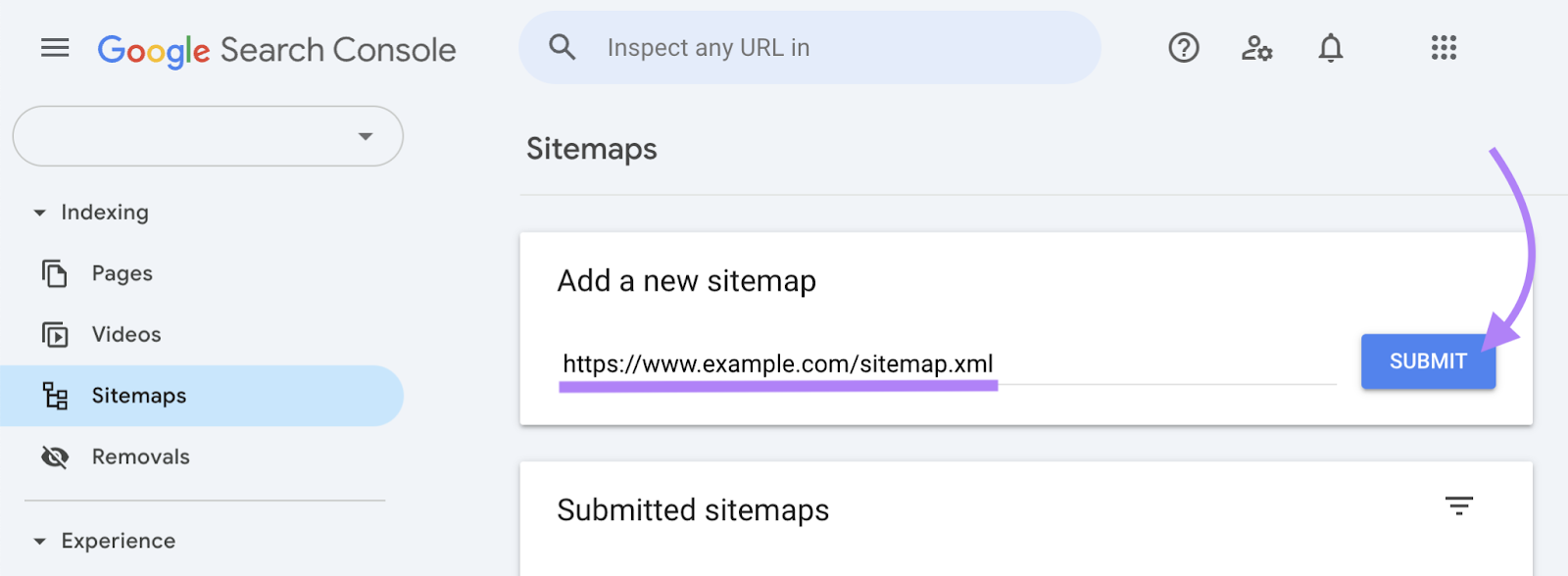 A sitemap URL is added to the add a new sitemap field.