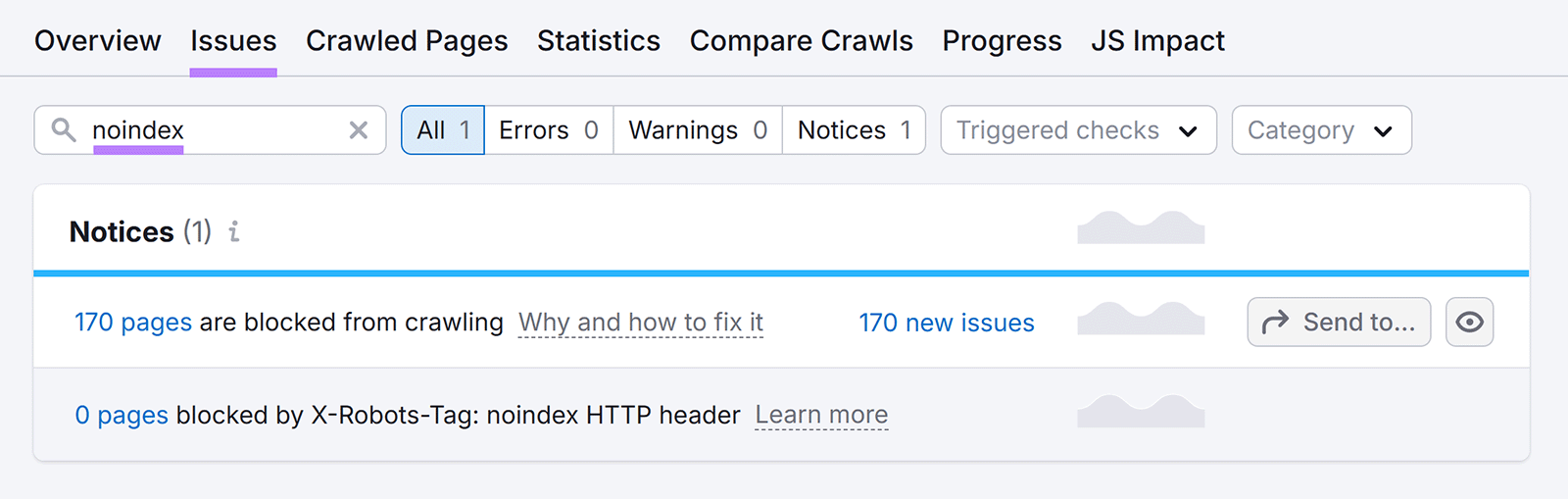 Issues tab, with “Issues” highlighted, “noindex” typed and highlighted, and the list of issues visible