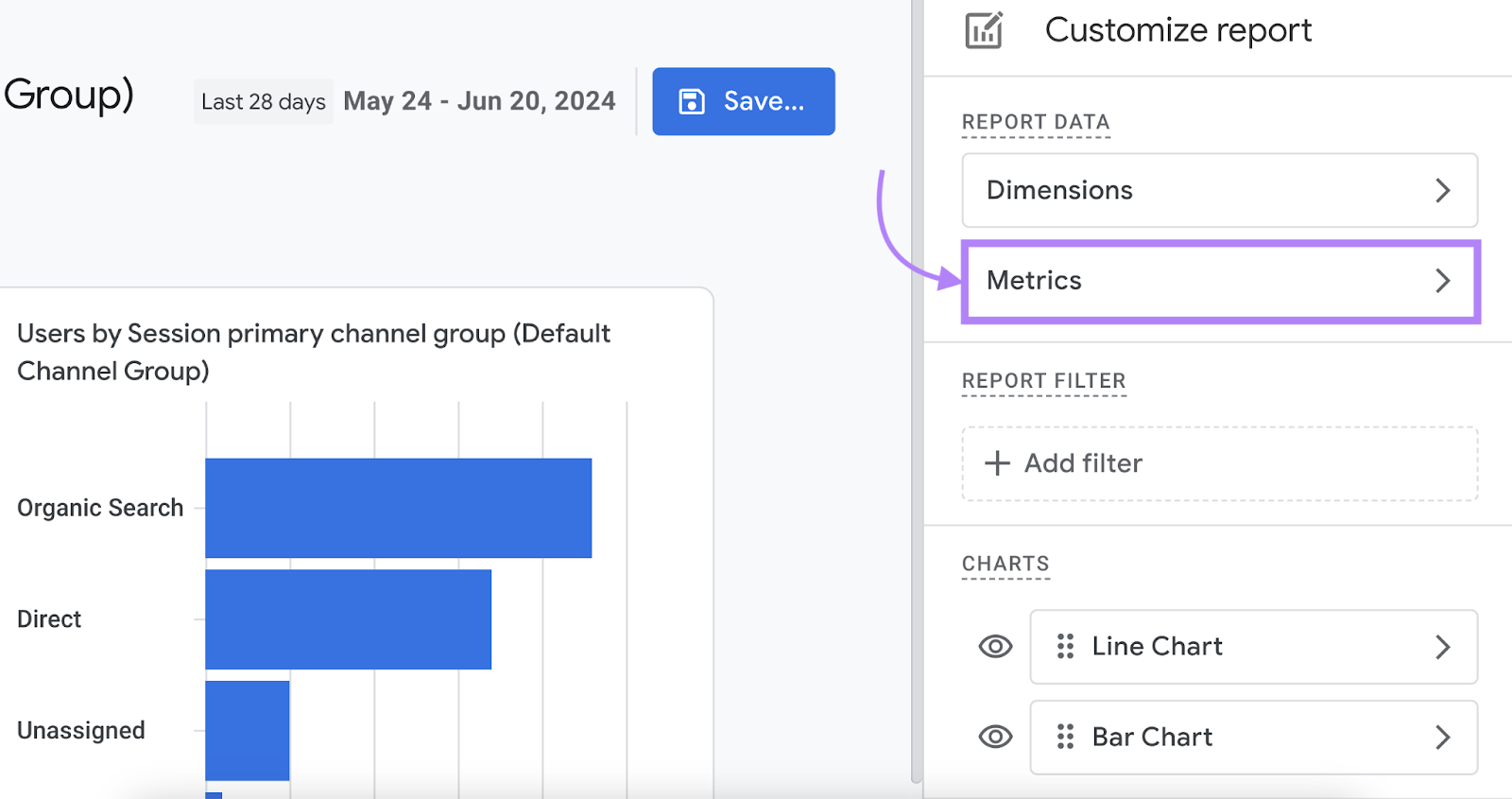 metrics option highlighted