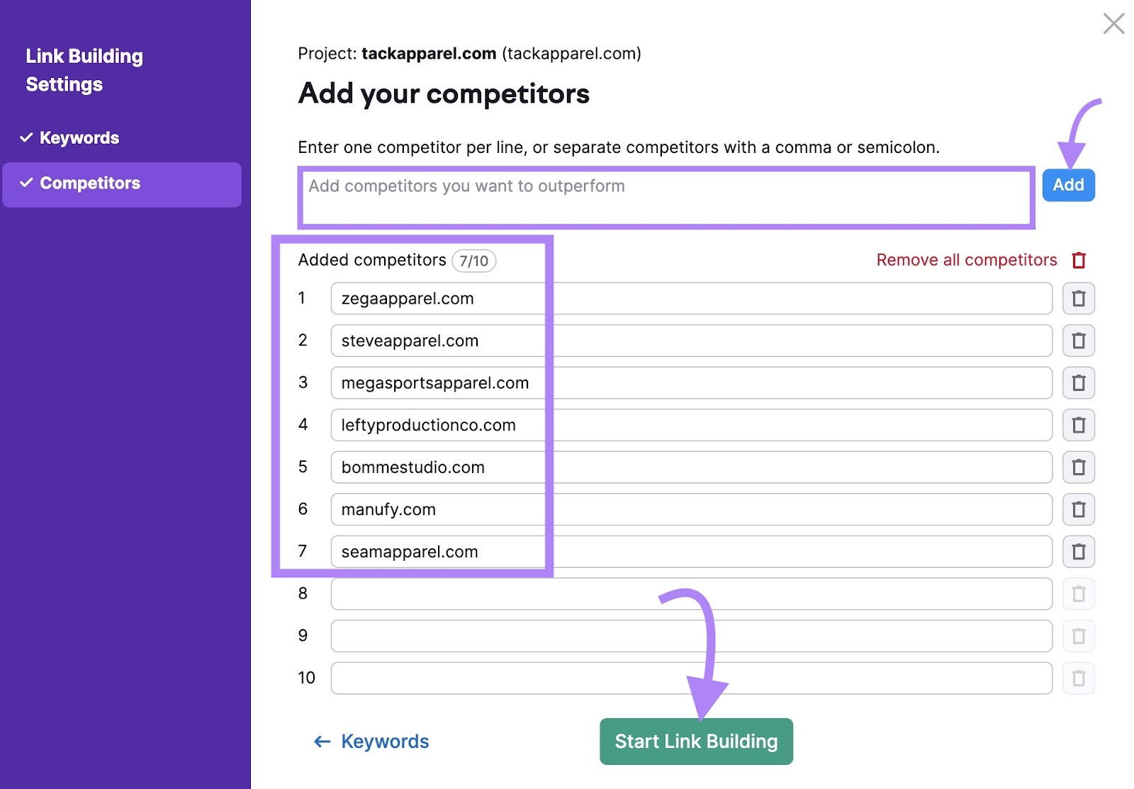 Competitor settings on the Link Building Tool with a list of a clothes manufacturer's top competitors entered.