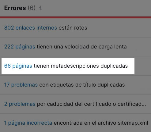 Número de metadescripciones duplicadas