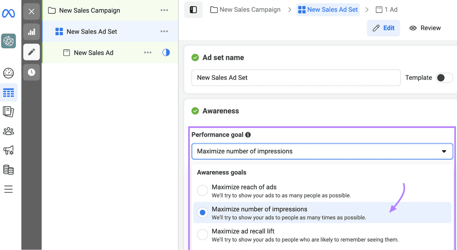 Meta ads run  interface showing settings for a "New Sales Ad Set" with a absorption   connected  maximizing impressions.