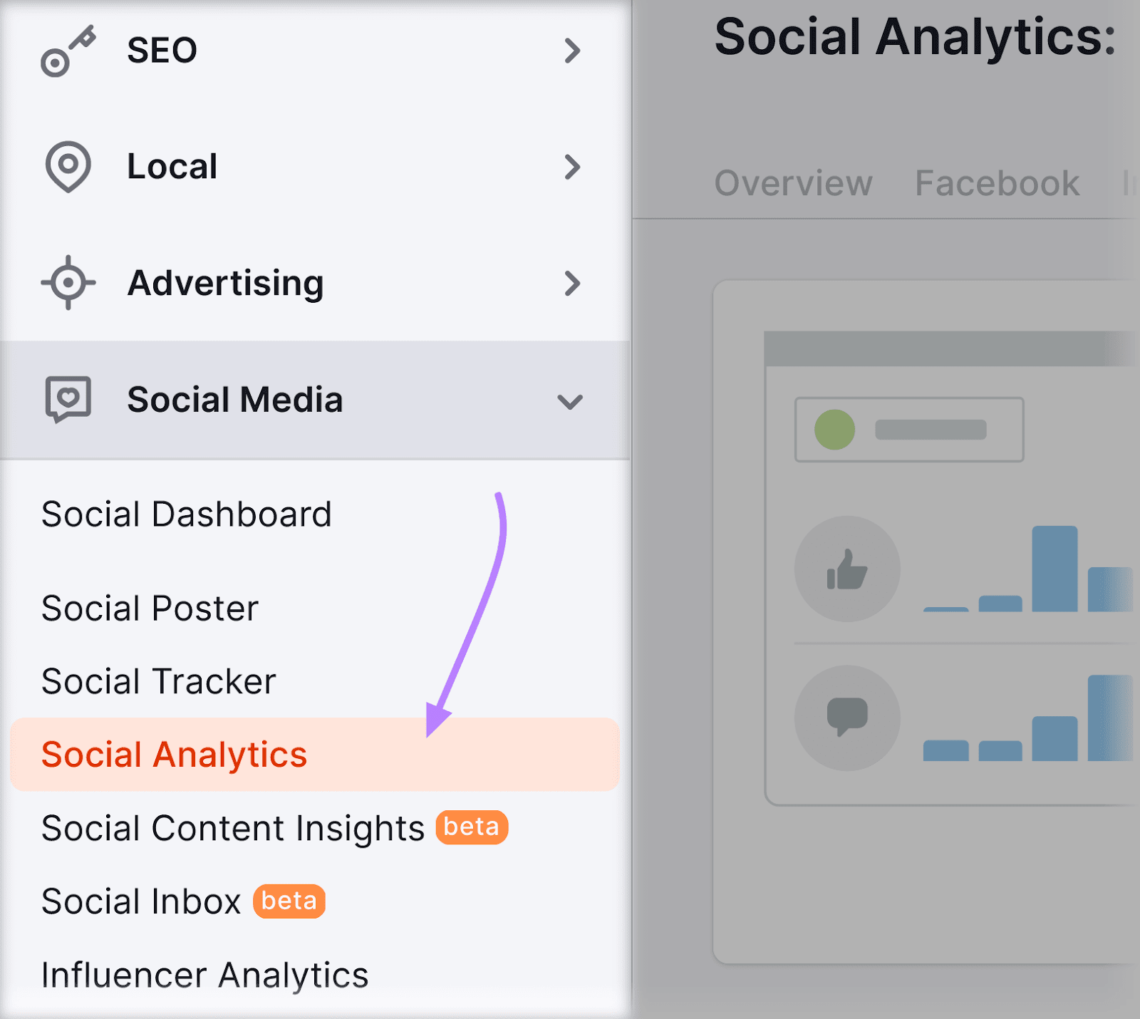 navigating to Social Analytics instrumentality   from Semrush dashboard