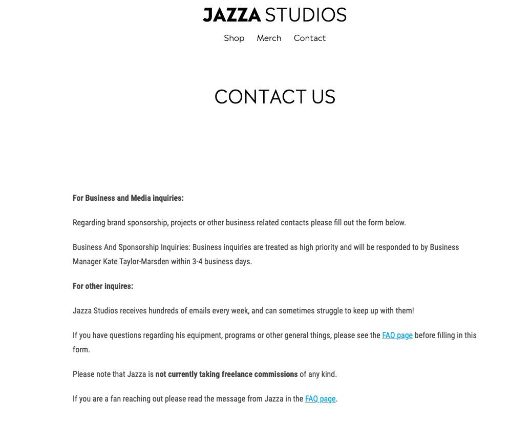 Contact information from Jazza Studios including instructions for business and general inquiries.