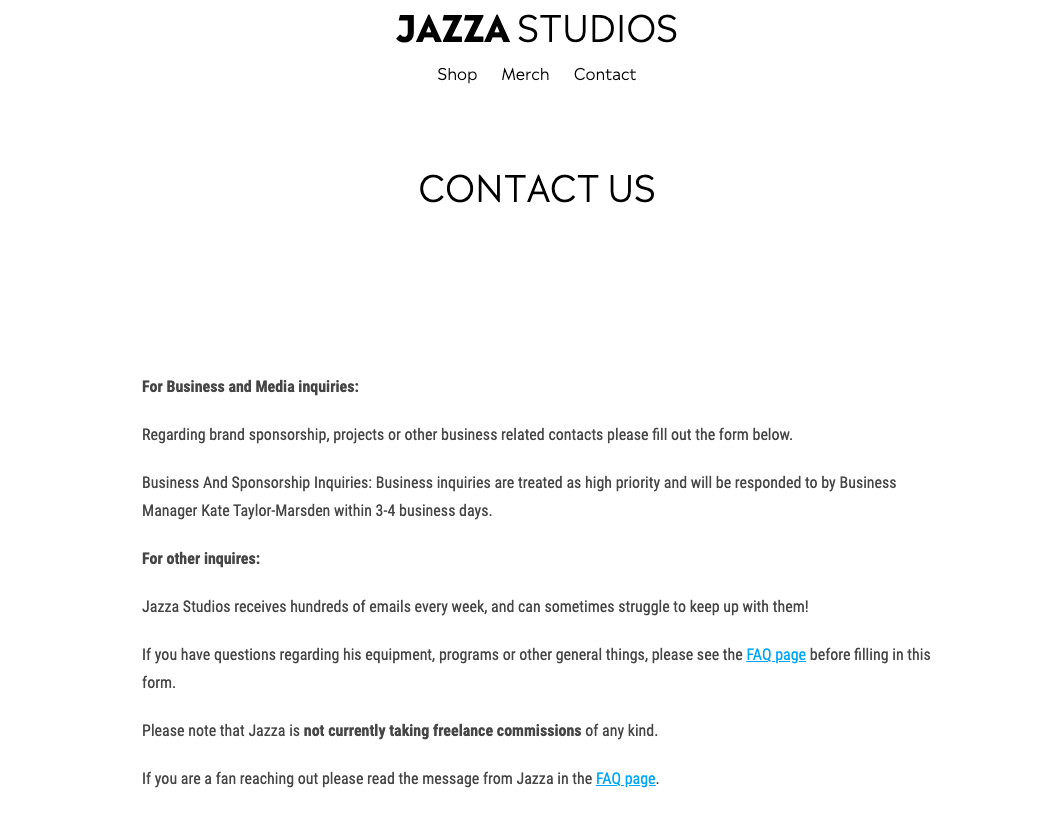 Contact accusation  from Jazza Studios including instructions for concern  and wide   inquiries.