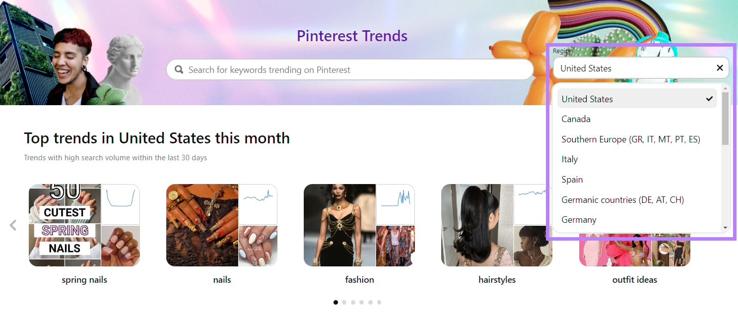 Pinterest Trends dashboard showing the region selector option.