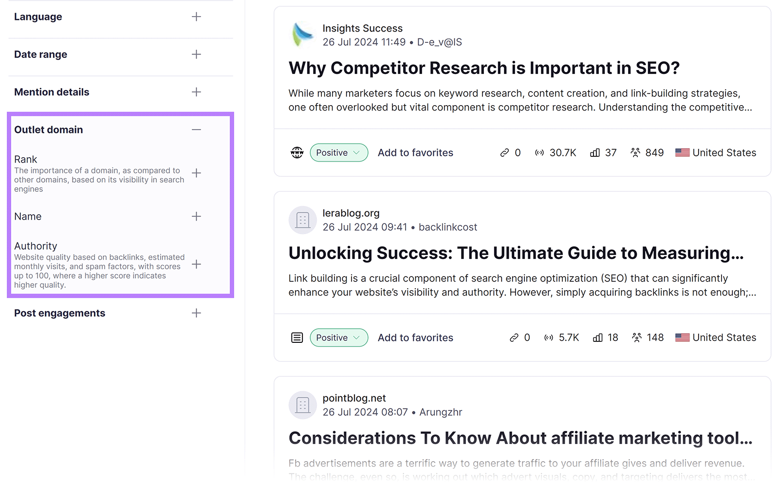 Outlet domain filter expanded and highlighted