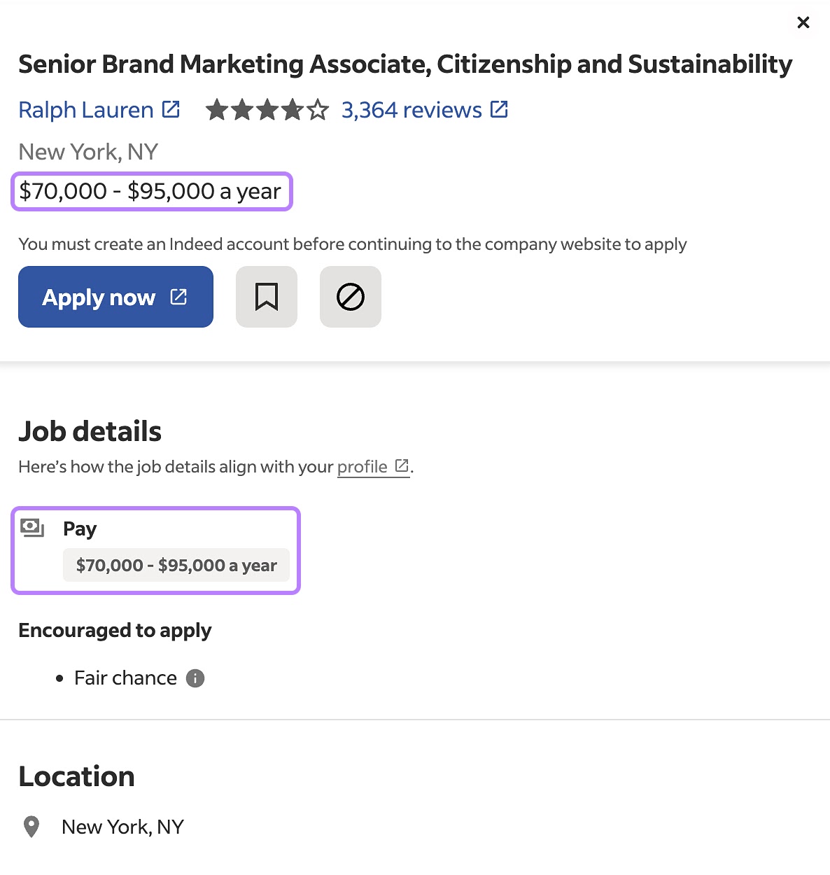 A salary information listed under a position for a "Senior Brand Marketing Associate" job