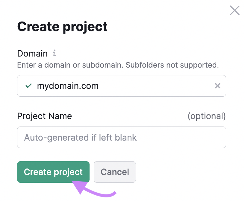 “Create project" pop-up window in Site Audit tool