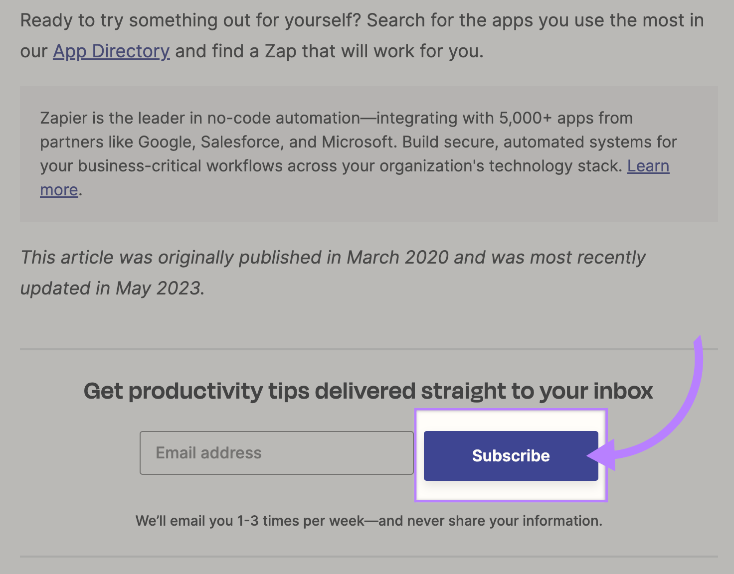 Zapier uses "Subscribe" to mailing list CTA at the end of blog posts