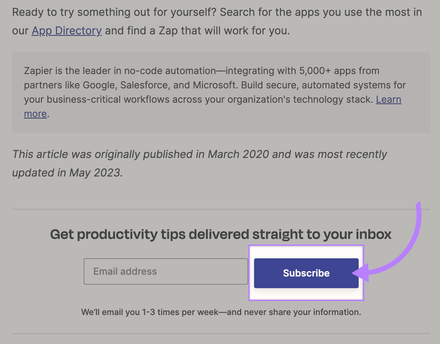 Zapier utilise "S'abonner" à la liste de diffusion CTA à la fin des articles de blog
