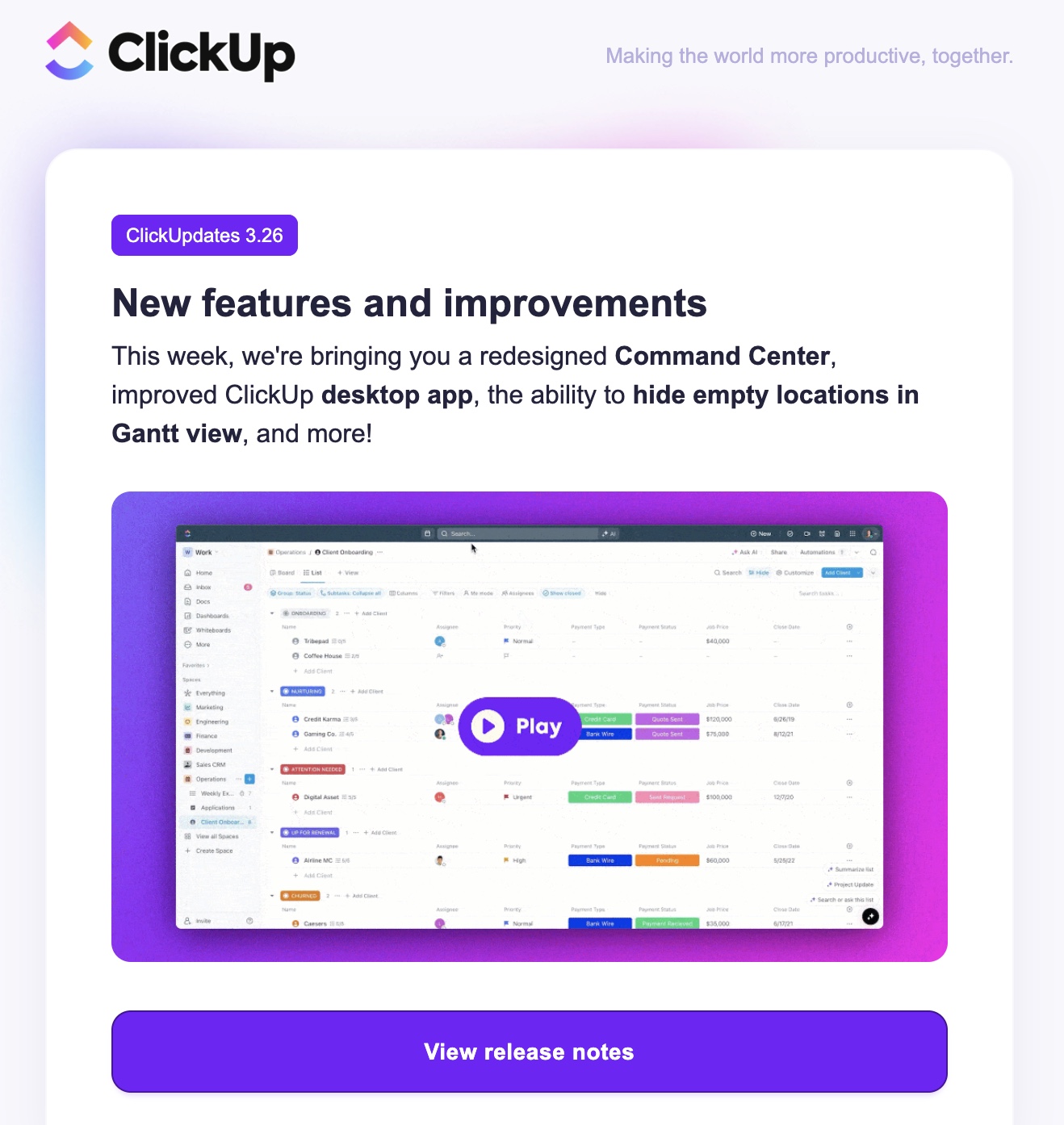 Email by ClickUp to existing users highlighting productivity tips, new features and product improvements.