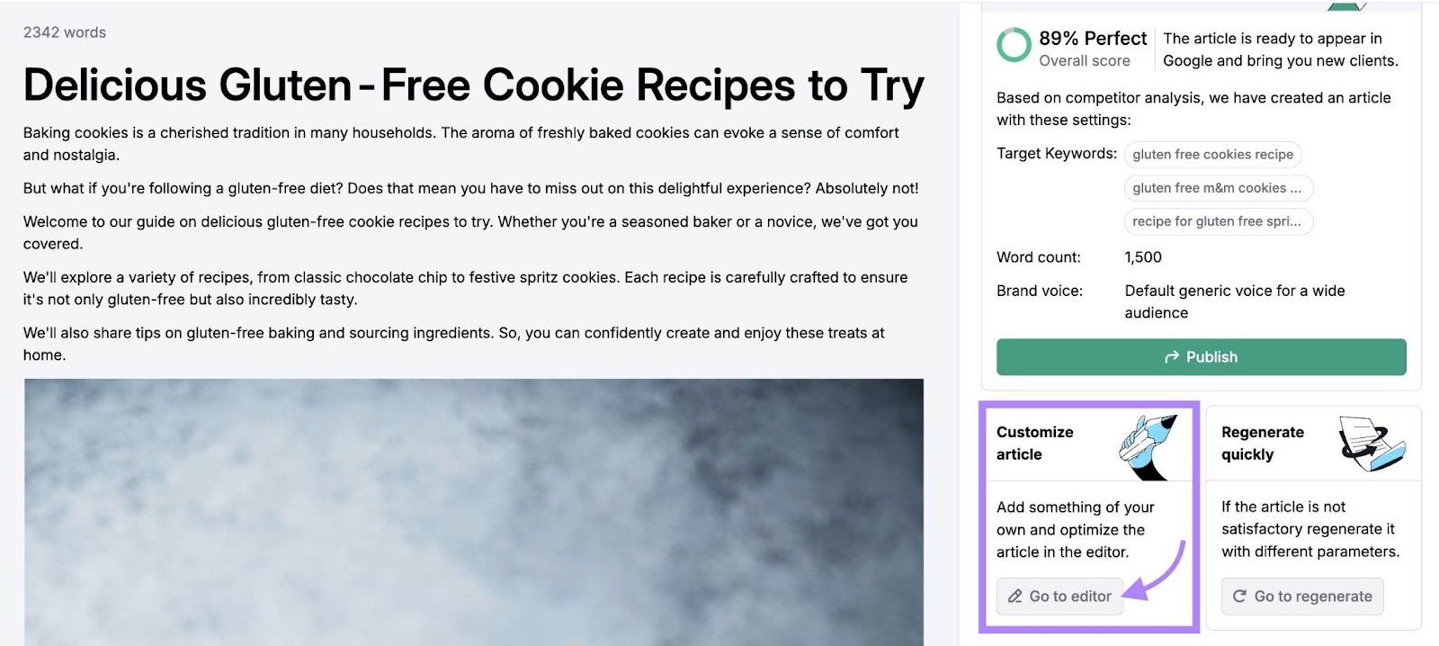 Article generated by ContentShake AI with the "Customize article" conception  highlighted and "Go to editor" clicked.