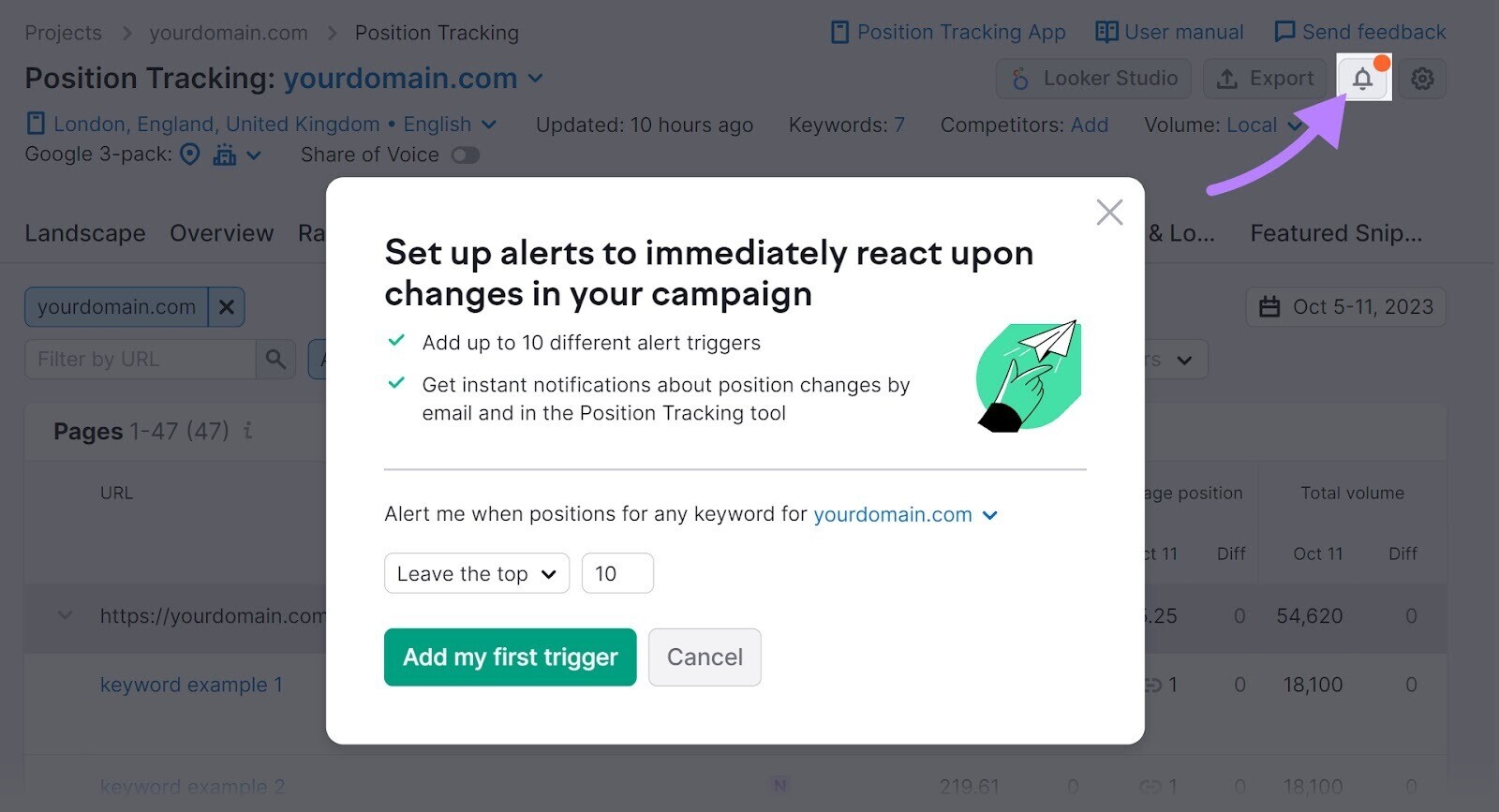 "Set up alerts to immediately react upon changes in your campaign" popup window in Position Tracking