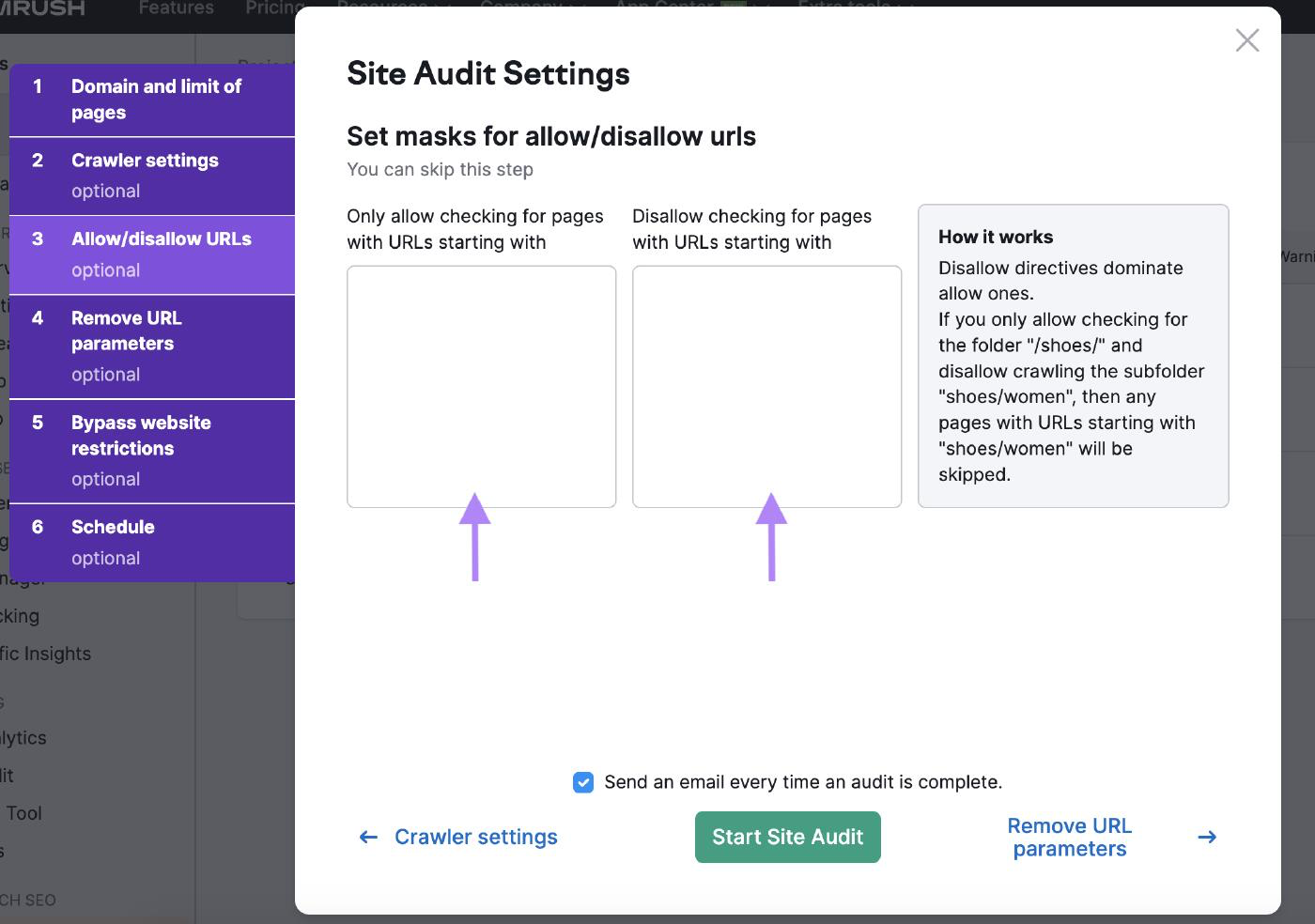 Customize your site audit with allow/disallow URL settings