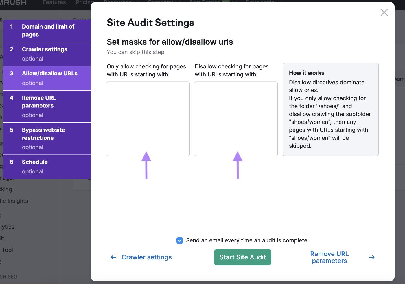 Personaliza la auditoría de tu sitio con la configuración de URL permitidas/no permitidas