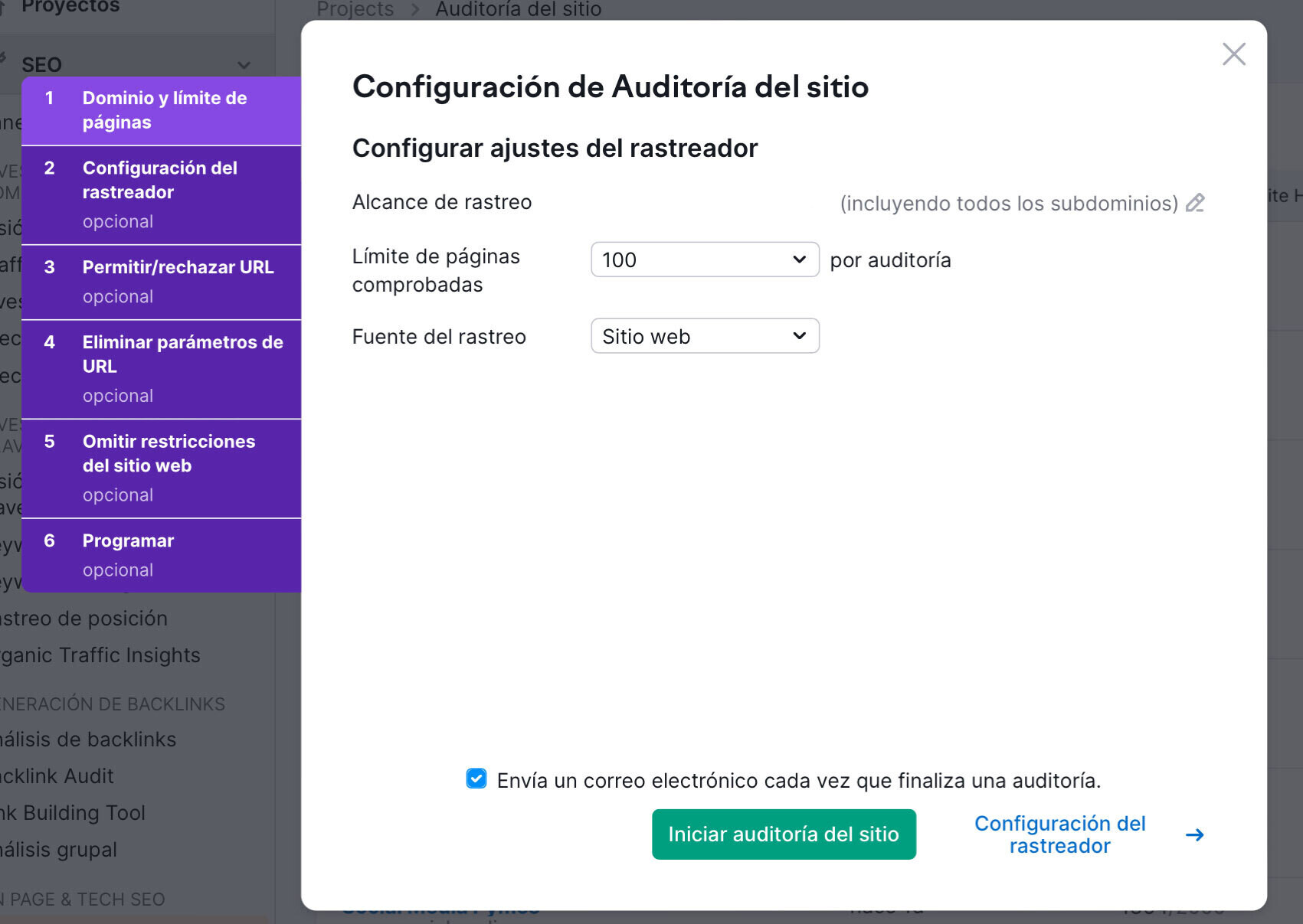 Configurar los ajustes de tu auditoría