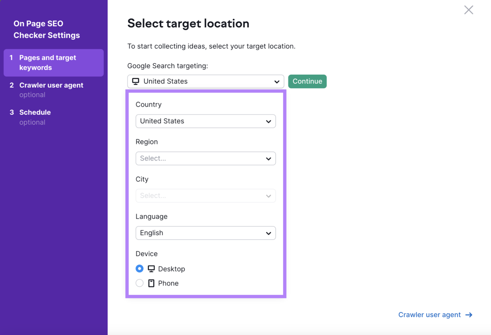 on page seo checker select target location and device