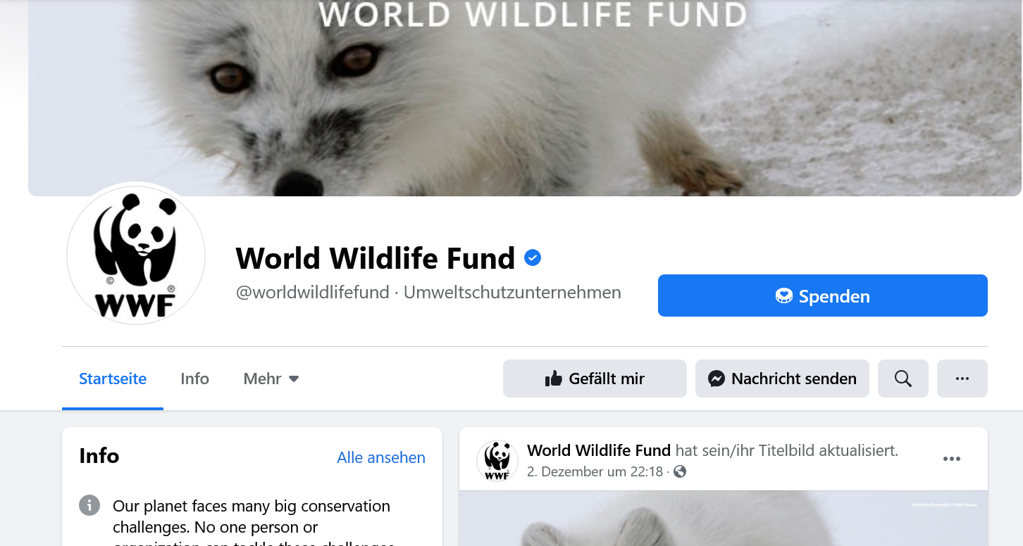 World Wildlife Fund Facebook Auftritt mit Spenden-Button